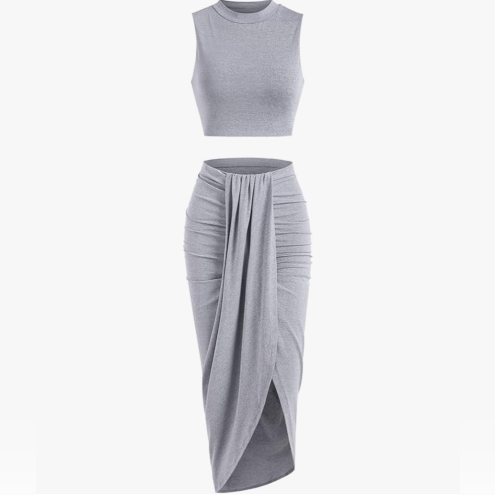 Gray Women's Sleeveless Ruched Maxi Skirt Set